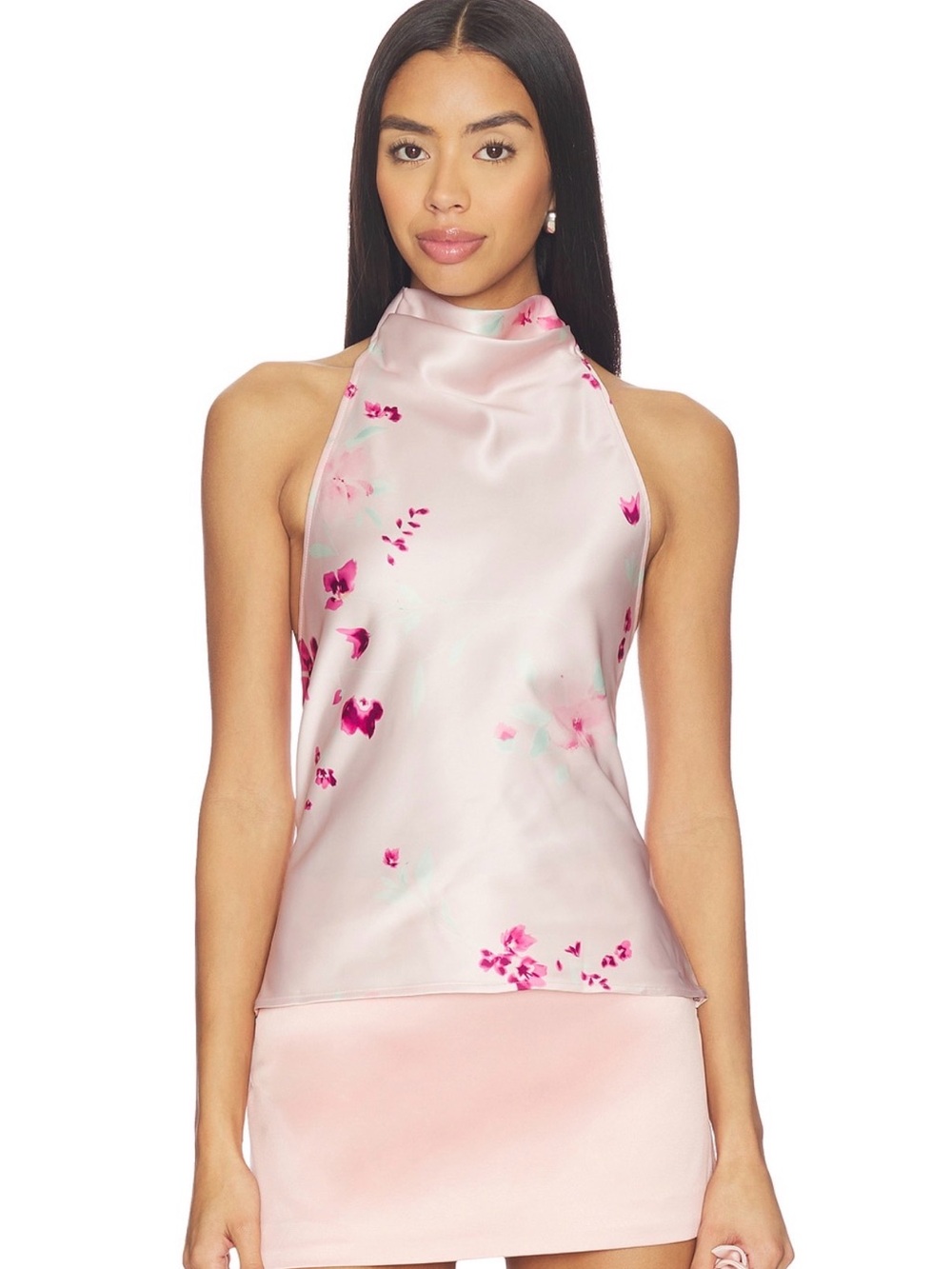 MAJORELLE Light Pink Floral Satin Halter Top